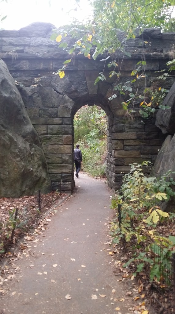 Stone archway, with trees overhanding in Central Park, New Yok, A man has walked through the archway in the the distance.