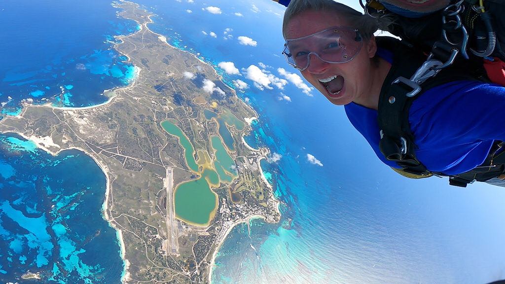 Engel tandem-skydiving over Rottnest Island on a clear sunny day