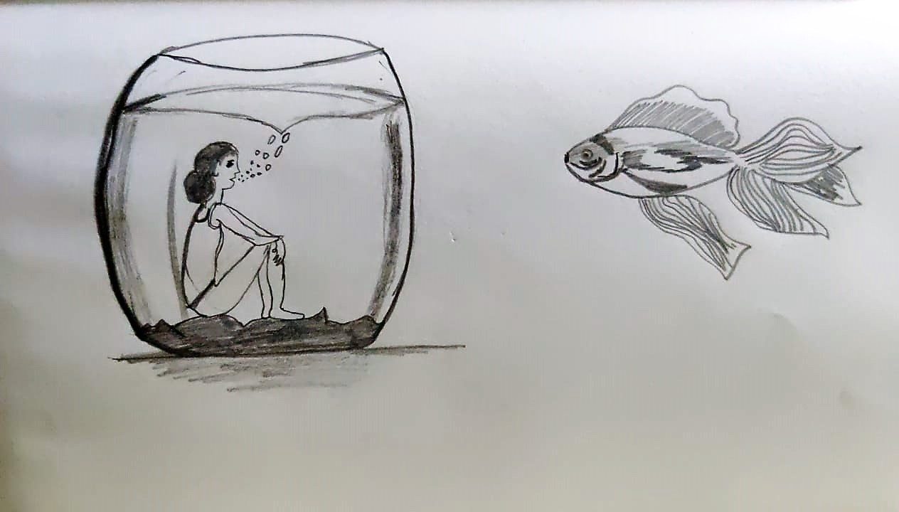 Sketch of a girl wearing bathers, sitting in a fish and bowl blowing bubbles, while a fish watches from the outside.