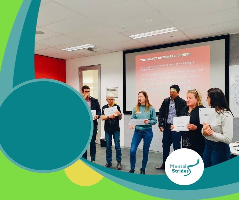 Mental health awareness workshop participants standing with labelled A4 sized pages, talking about the impacts of mental illness
