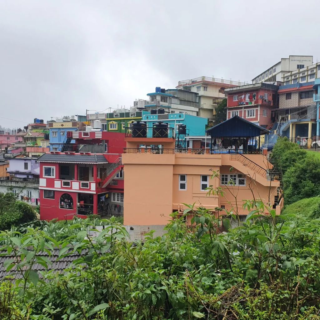 An Indian village featuring buildings of many colours, with grey sky in the distance. 